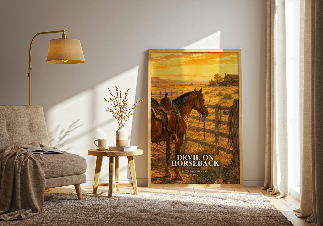 Devil on horseback watercolour print in frame leaning in hallway – romance wall art