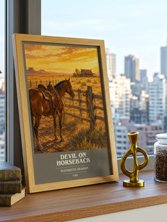 Devil on horseback book cover print framed by window – literary home decor