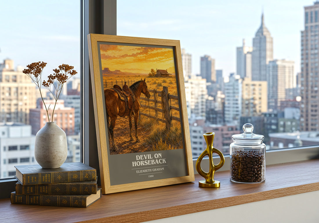 Devil on horseback book cover print framed by window – literary home decor