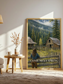 Come Next Spring watercolour print in frame leaning in hallway – literary fiction wall art