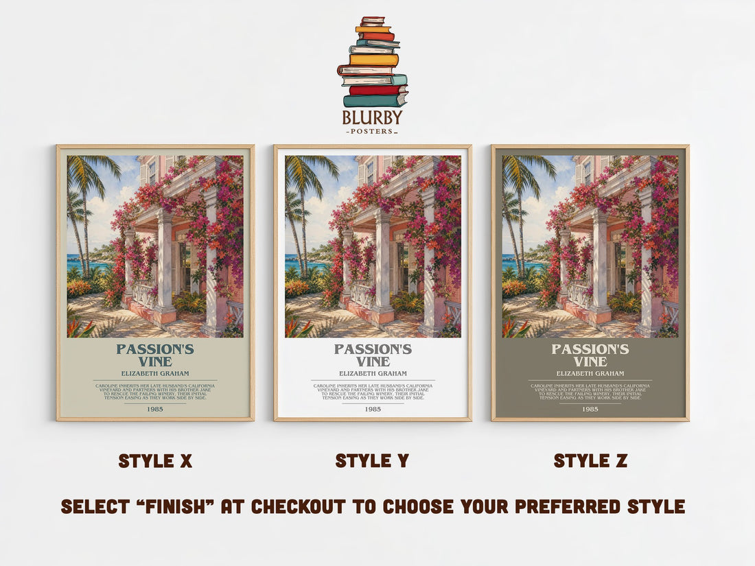 Passion's Vine bookish print in frame leaning in hallway – romance wall art (mockup)