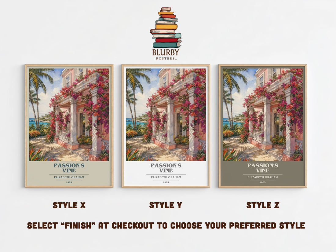 Passion's Vine book cover print in frame leaning in hallway – romance wall art (mockup)