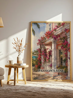 Passion's Vine watercolour print in frame leaning in hallway – romance wall art