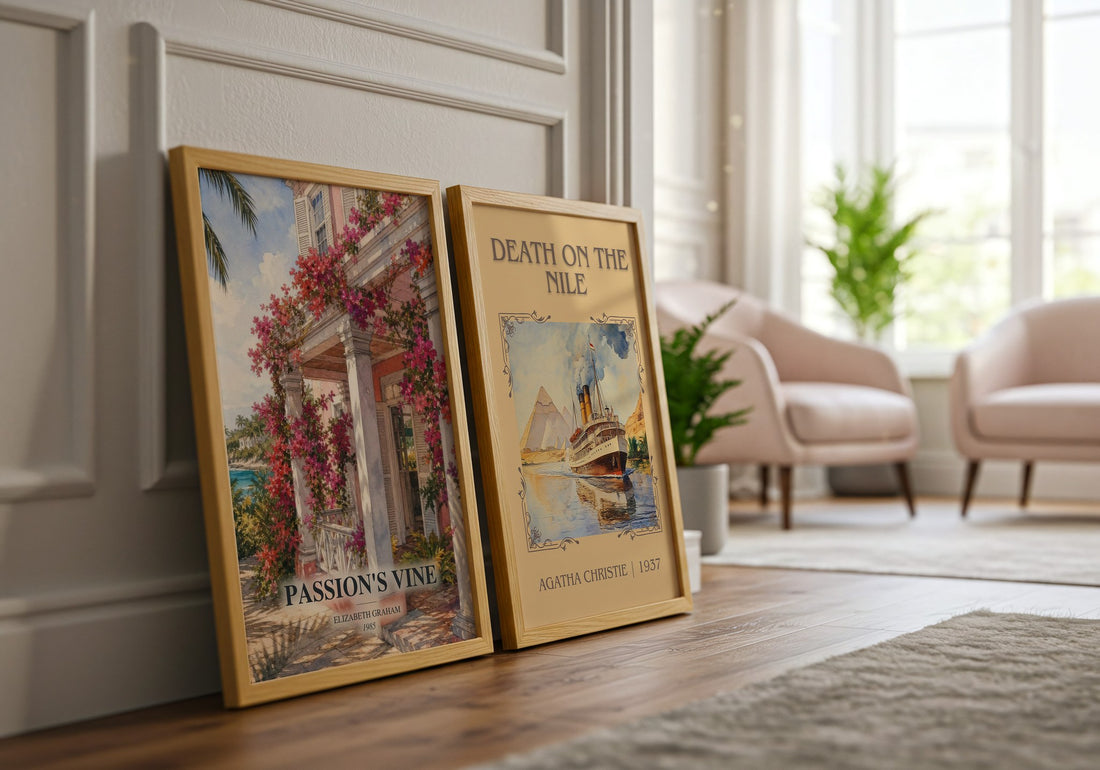 Passion's Vine watercolour print framed by window – literary home decor