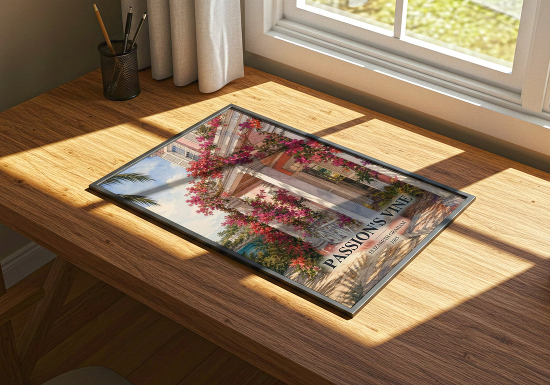 Passion's Vine watercolour book poster framed on wall – romance wall art