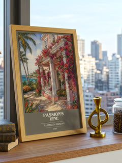 Passion's Vine book cover print framed by window – literary home decor