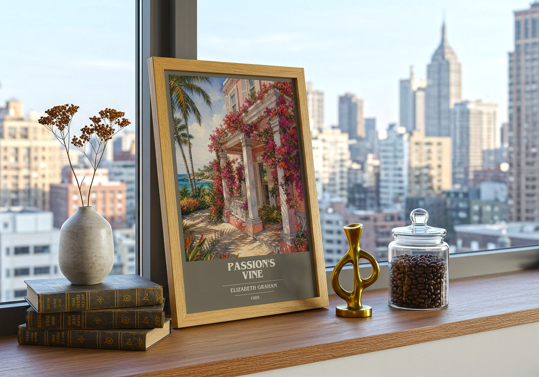 Passion's Vine book cover print framed by window – literary home decor