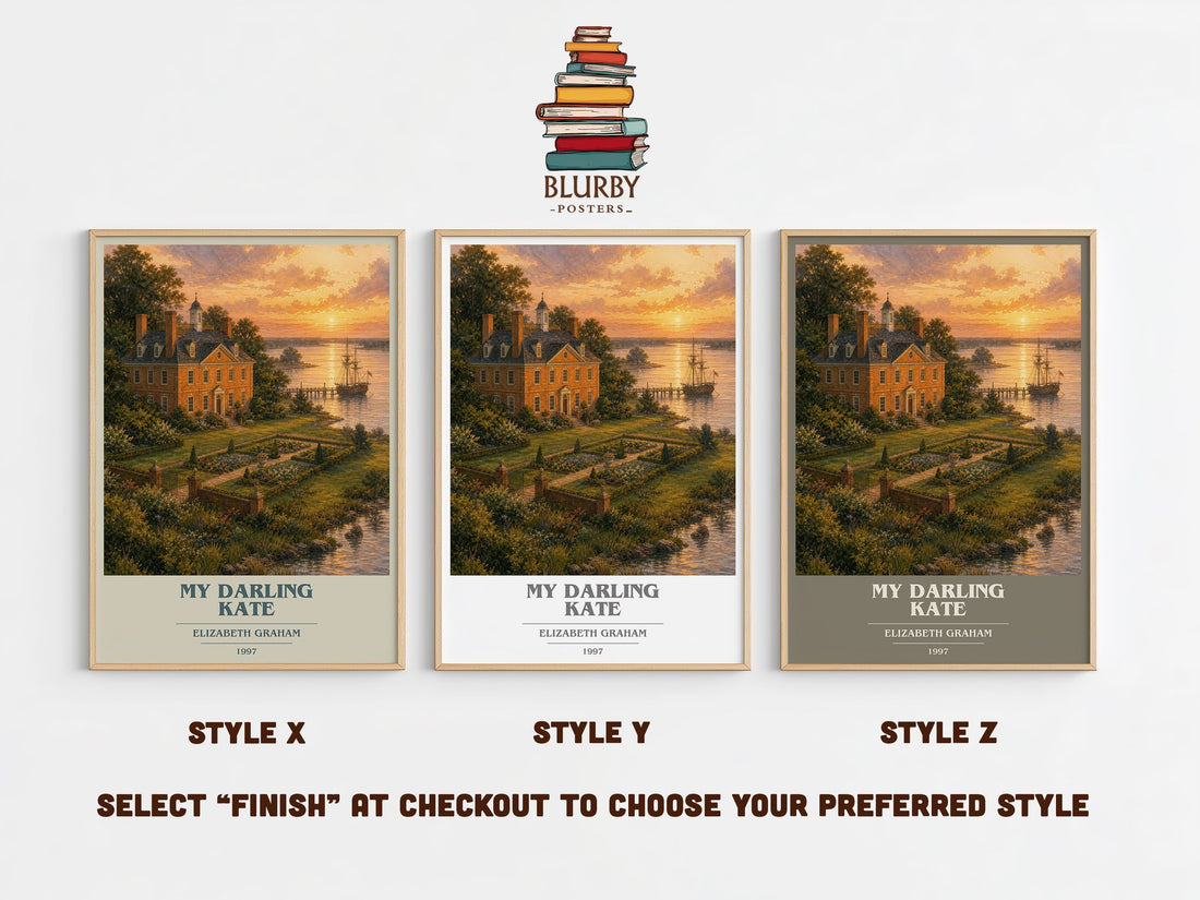 My darling Kate book cover print in frame leaning in hallway – historical fiction wall art (mockup)