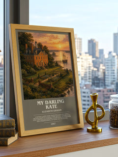 My darling Kate bookish print framed by window – literary home decor
