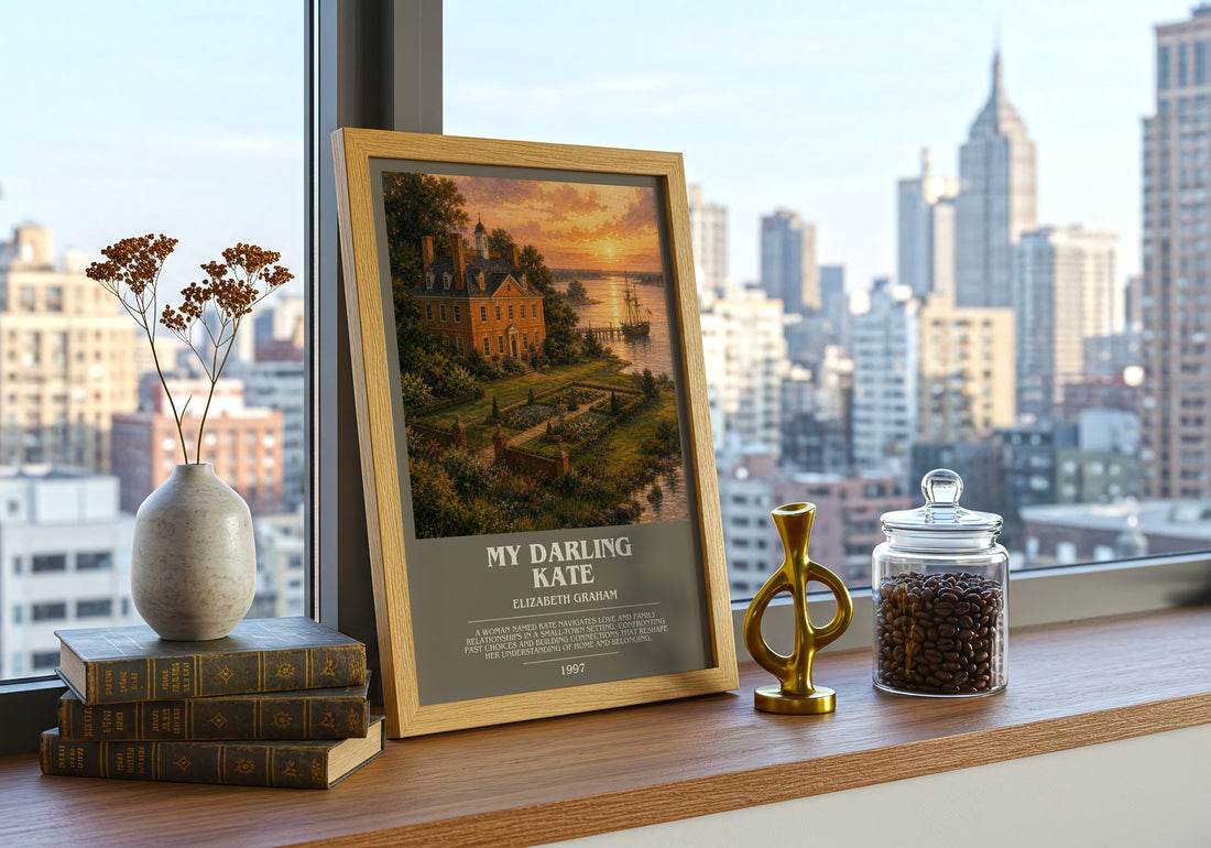 My darling Kate bookish print framed by window – literary home decor