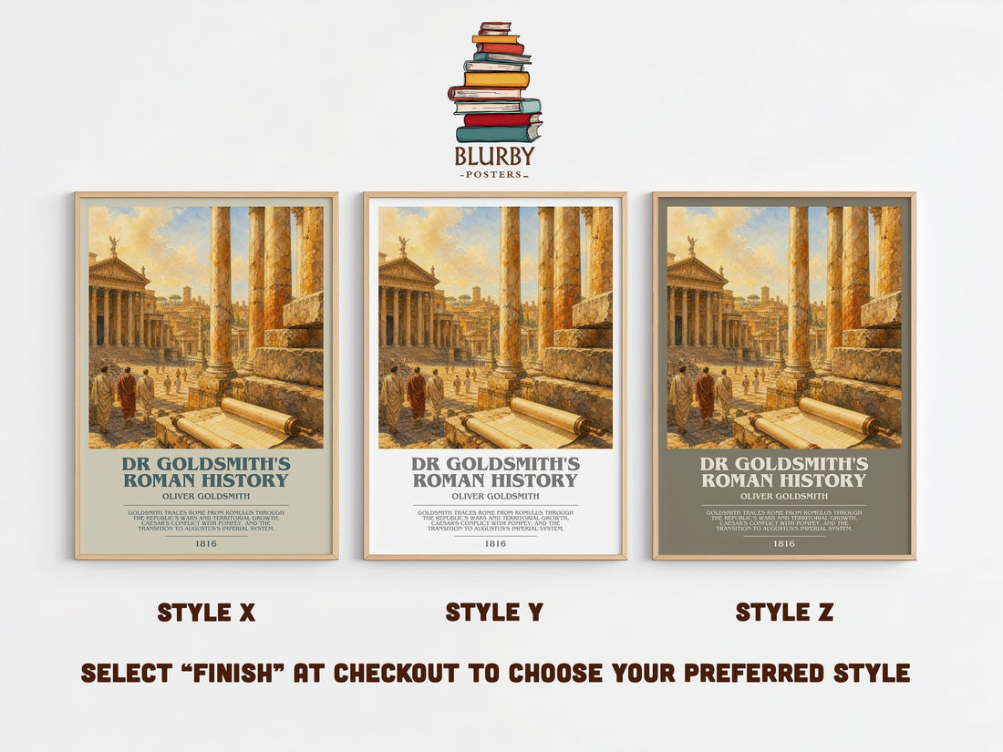 Dr Goldsmith's Roman history bookish print in frame leaning in hallway – non fiction wall art (mockup)
