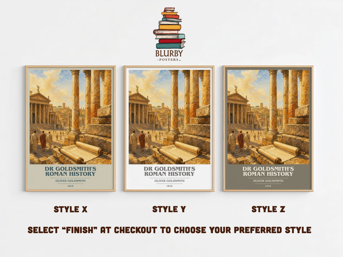 Dr Goldsmith's Roman history book cover print in frame leaning in hallway – non fiction wall art (mockup)