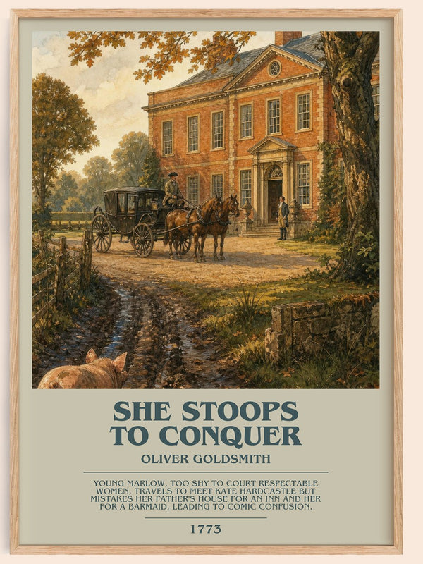 She Stoops To Conquer bookish book poster by Oliver Goldsmith – framed literary art print