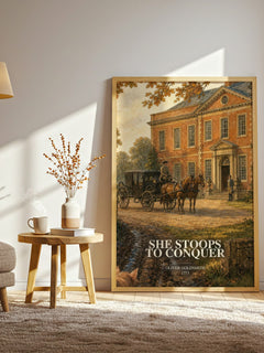 She Stoops To Conquer watercolour print in frame leaning in hallway – classic literature wall art