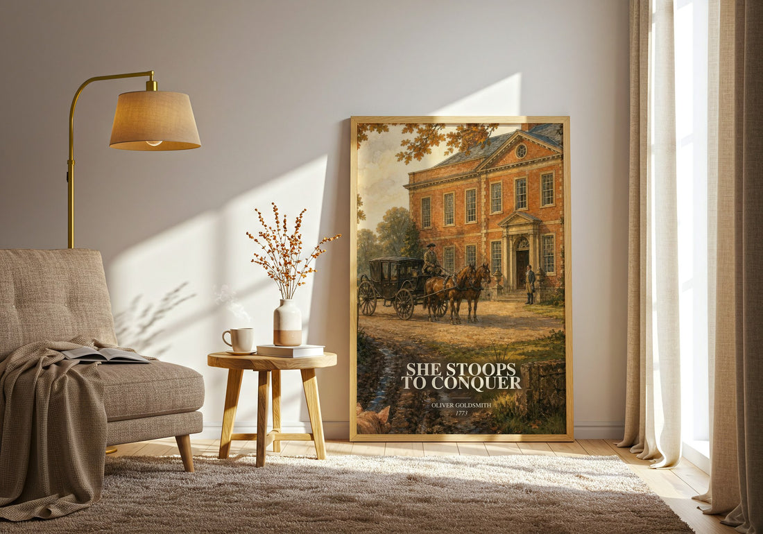 She Stoops To Conquer watercolour print in frame leaning in hallway – classic literature wall art