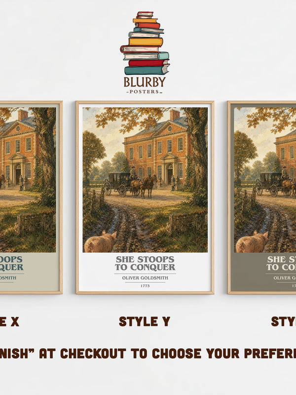 She Stoops To Conquer book cover print in frame leaning in hallway – classic literature wall art