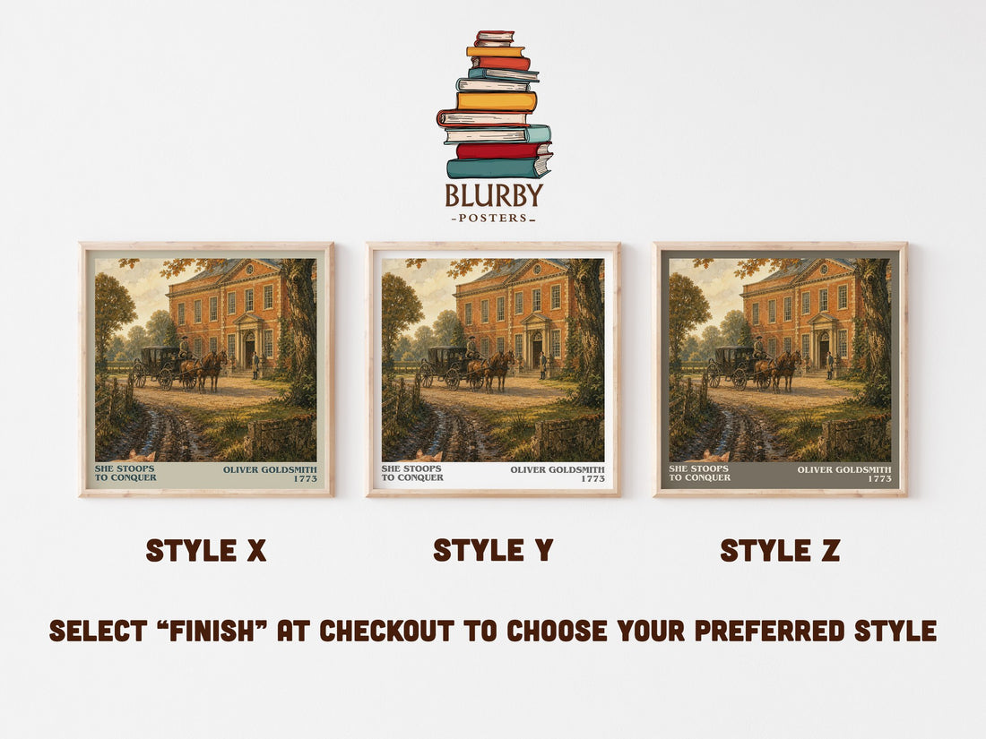 She Stoops To Conquer literary print in frame leaning in hallway – classic literature wall art (mockup)