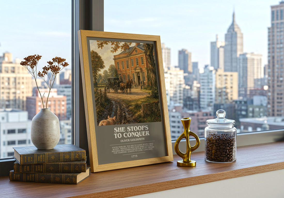She Stoops To Conquer bookish print framed by window – literary home decor