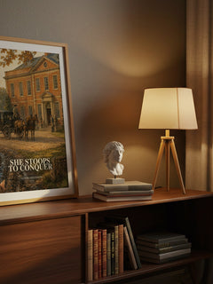 She Stoops To Conquer watercolour print on bookshelf – Oliver Goldsmith fan gift