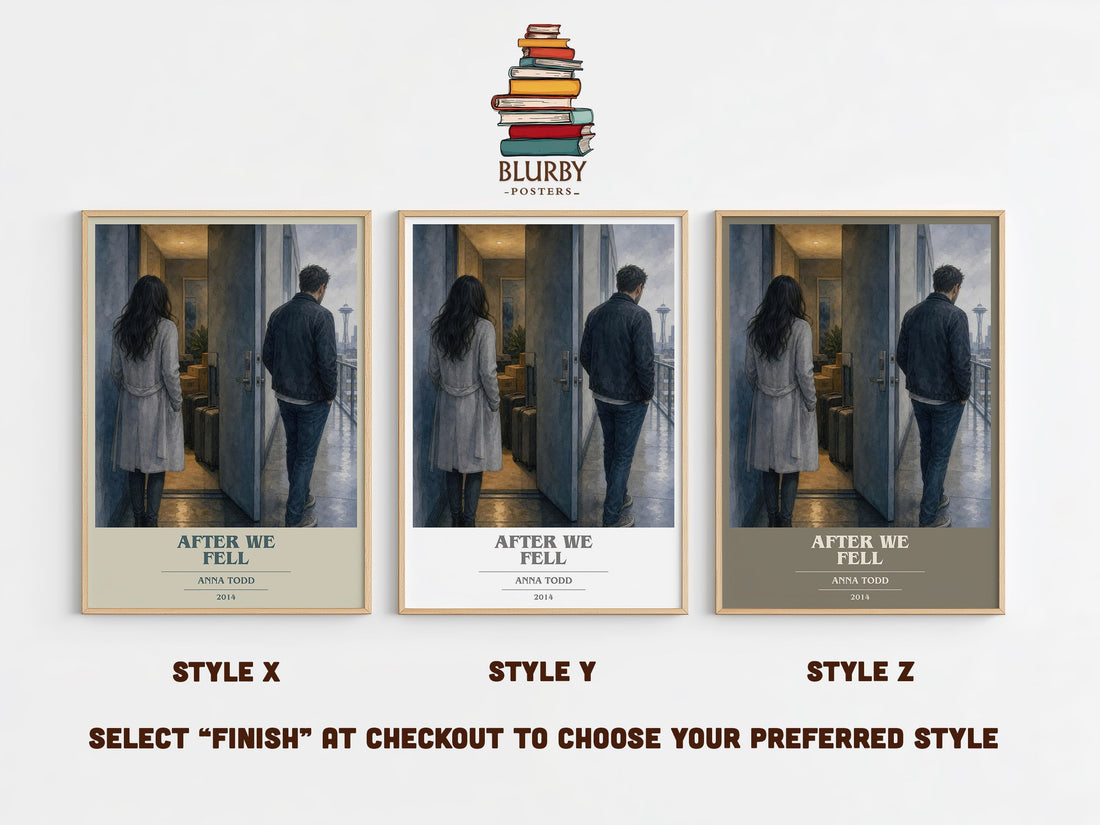 After We Fell book cover print in frame leaning in hallway – romance wall art (mockup)