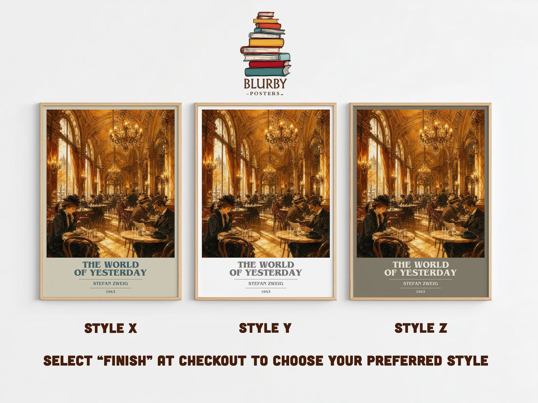 The World of Yesterday book cover print in frame leaning in hallway – memoir wall art (mockup)