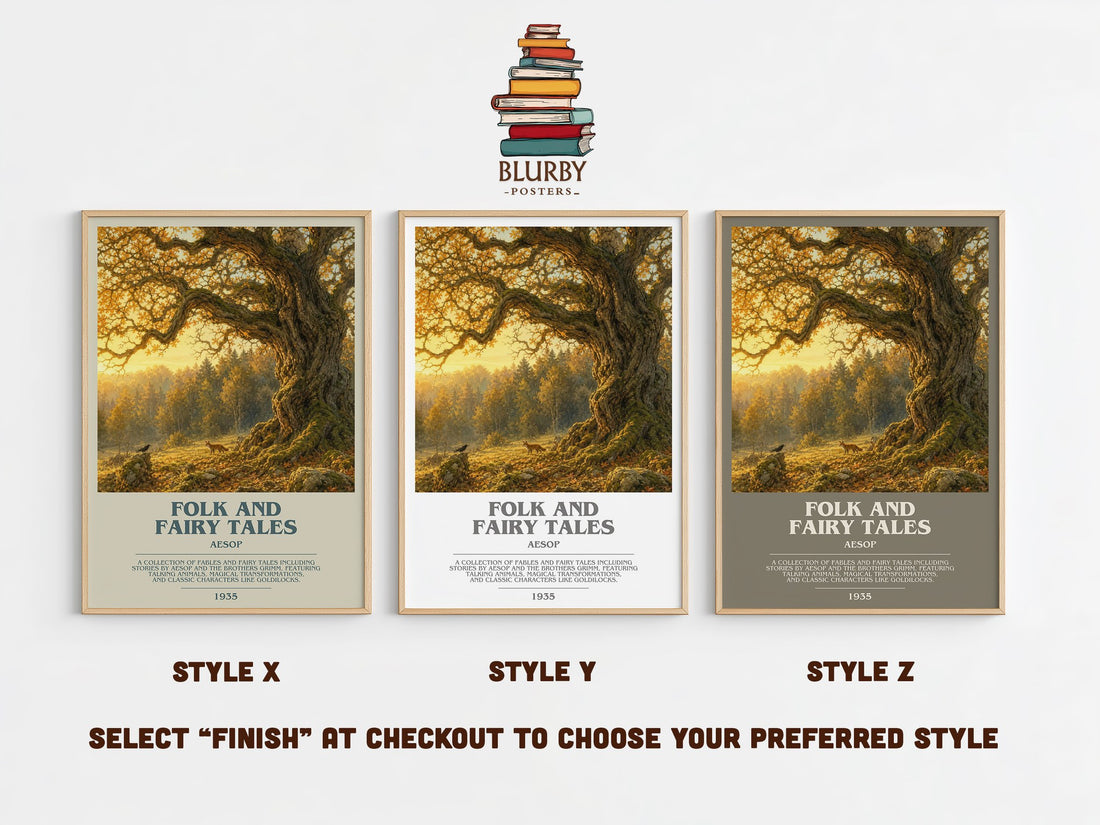 Folk and fairy tales bookish print in frame leaning in hallway – childrens wall art (mockup)
