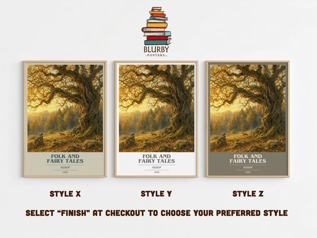 Folk and fairy tales book cover print in frame leaning in hallway – childrens wall art (mockup)