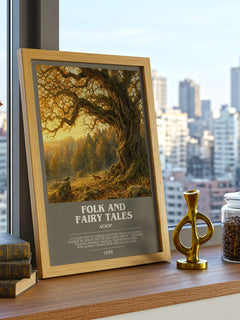 Folk and fairy tales bookish print framed by window – literary home decor