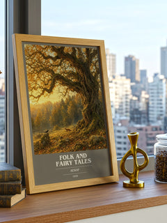 Folk and fairy tales book cover print framed by window – literary home decor