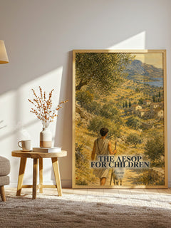 The Aesop for children watercolour print in frame leaning in hallway – childrens wall art