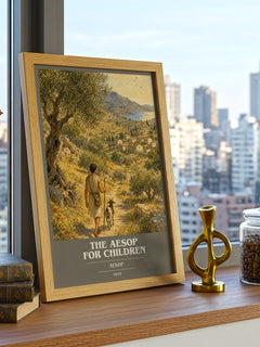 The Aesop for children book cover print framed by window – literary home decor
