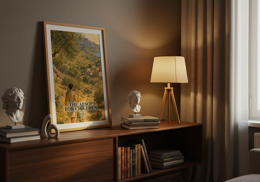 The Aesop for children watercolour print on bookshelf – Aesop fan gift