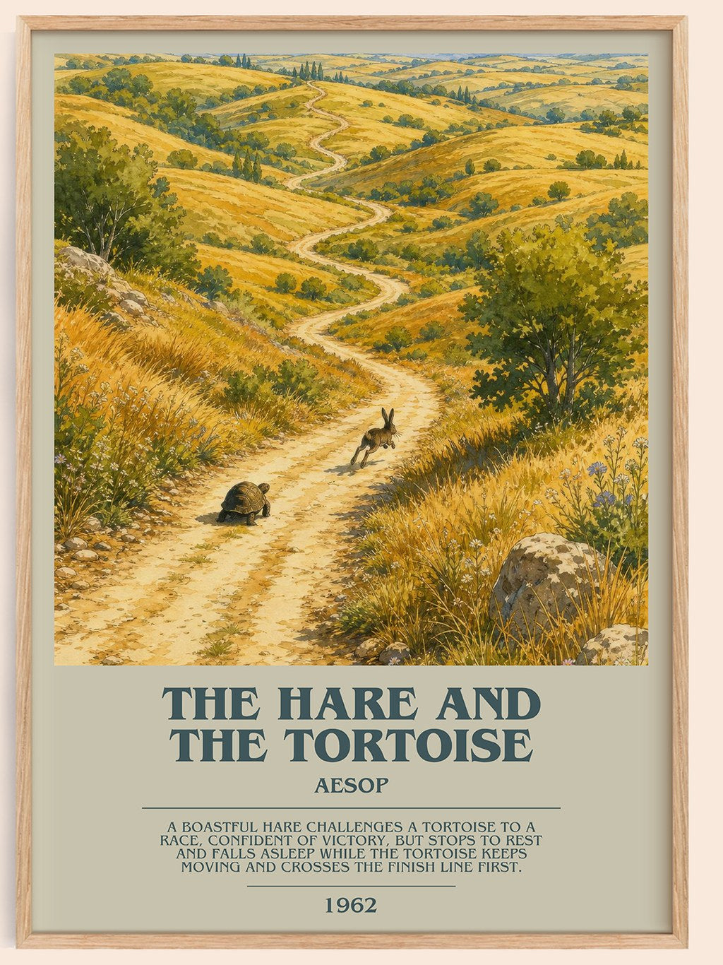 The hare and the tortoise bookish book poster by Aesop – framed literary art print