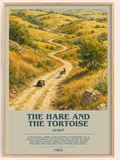 The hare and the tortoise bookish book poster by Aesop – framed literary art print