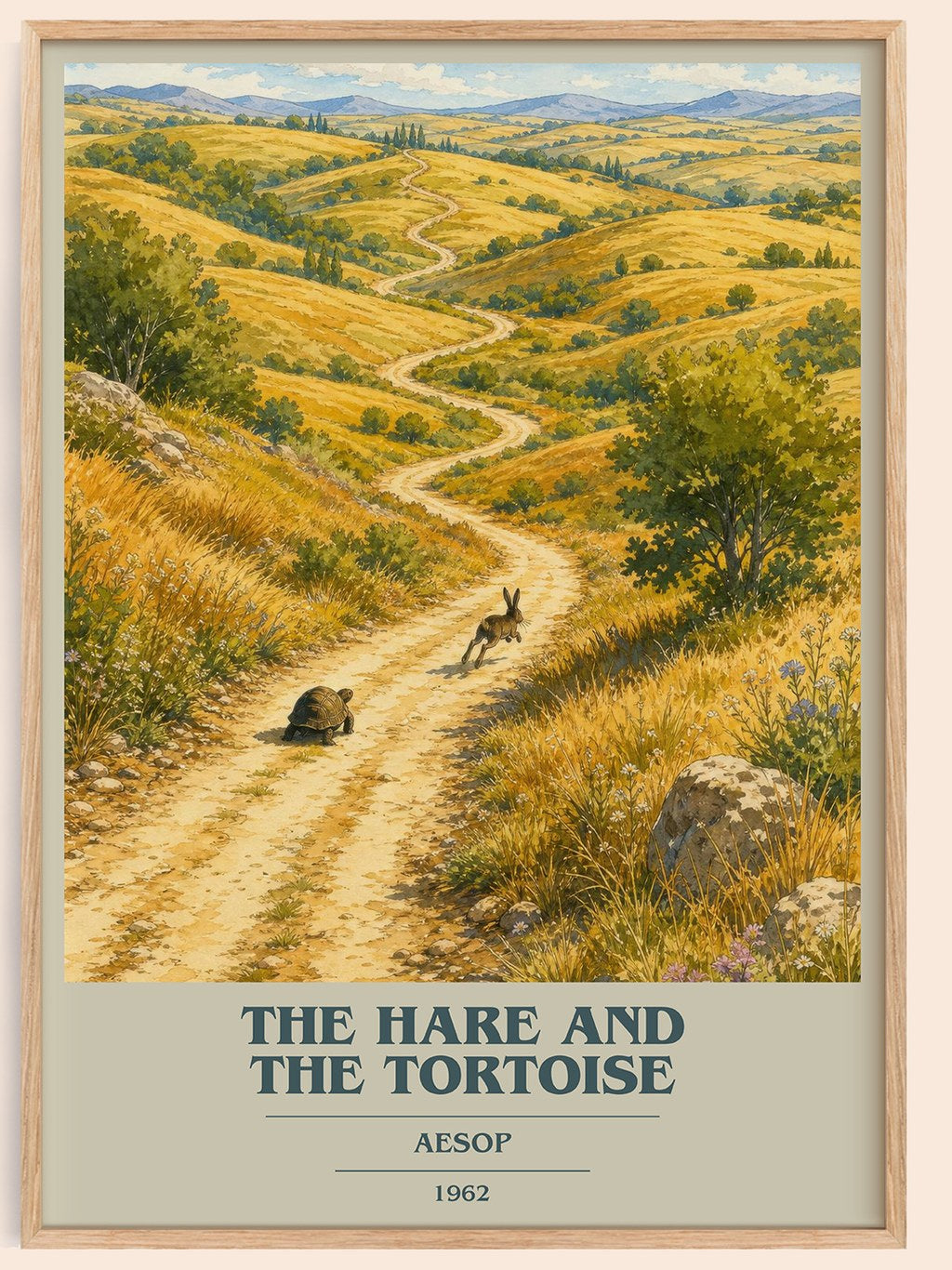 The hare and the tortoise book cover book poster by Aesop – framed literary art print