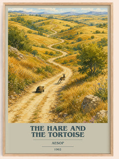 The hare and the tortoise book cover book poster by Aesop – framed literary art print