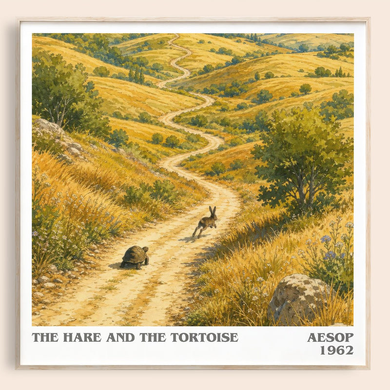 The hare and the tortoise literary book poster by Aesop – framed literary art print