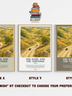 The hare and the tortoise bookish print in frame leaning in hallway – childrens wall art