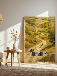 The hare and the tortoise watercolour print in frame leaning in hallway – childrens wall art
