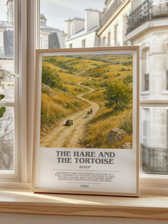 The hare and the tortoise bookish poster colour and style options – Aesop book art