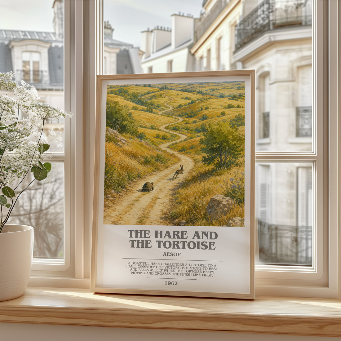 The hare and the tortoise bookish poster colour and style options – Aesop book art