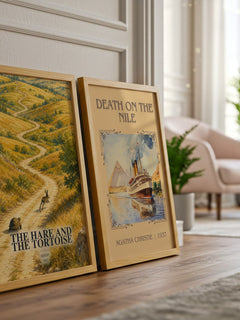 The hare and the tortoise watercolour print framed by window – literary home decor