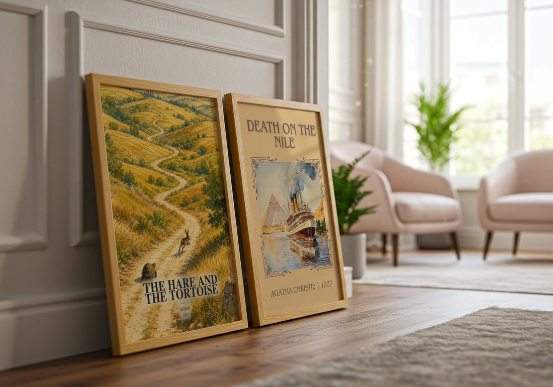 The hare and the tortoise watercolour print framed by window – literary home decor