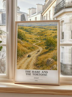 The hare and the tortoise book cover poster colour and style options – Aesop book art