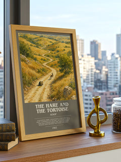 The hare and the tortoise bookish print framed by window – literary home decor