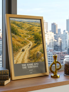 The hare and the tortoise book cover print framed by window – literary home decor