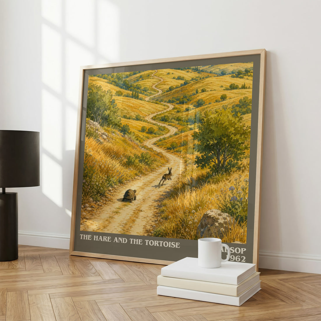 The hare and the tortoise literary print framed by window – literary home decor