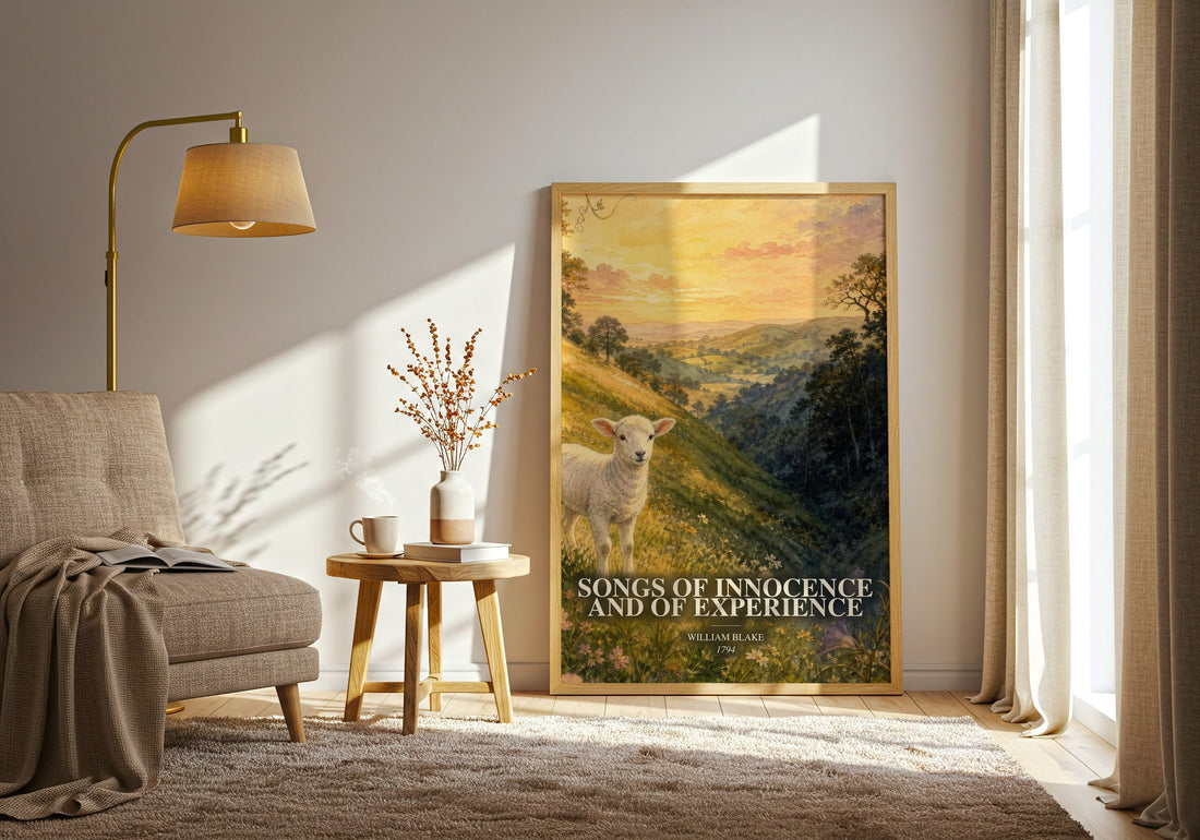 Songs of innocence and of experience watercolour print in frame leaning in hallway – poetry wall art