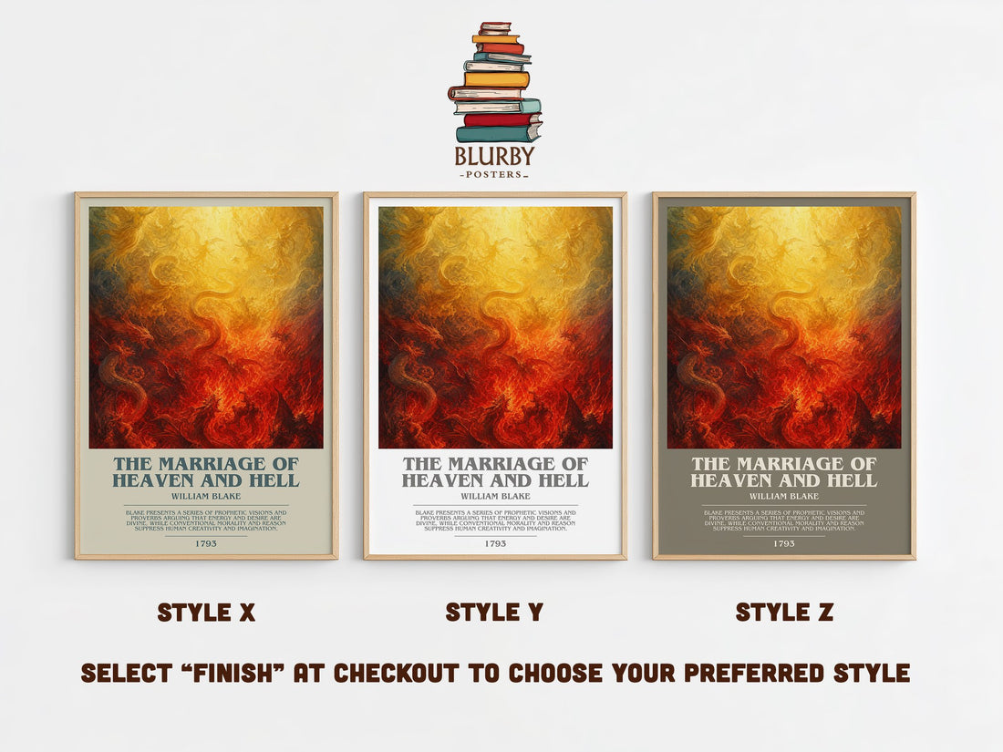 The marriage of Heaven and Hell bookish print in frame leaning in hallway – poetry wall art (mockup)