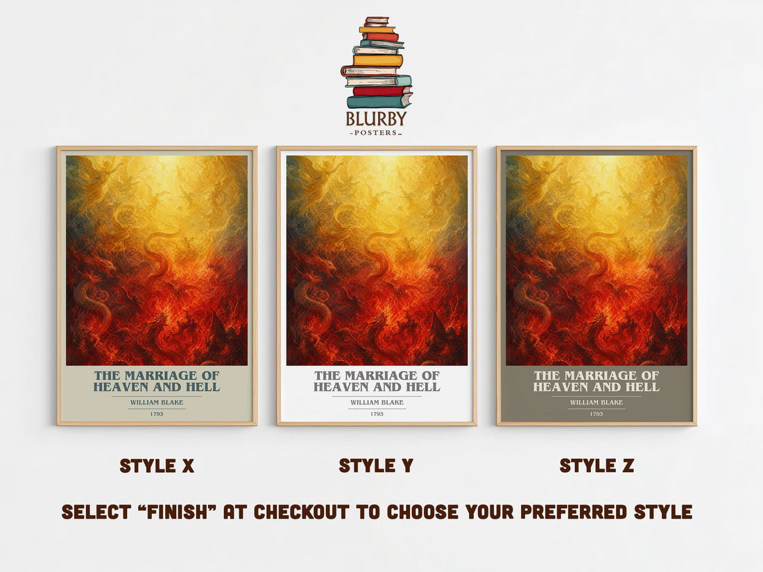 The marriage of Heaven and Hell book cover print in frame leaning in hallway – poetry wall art (mockup)